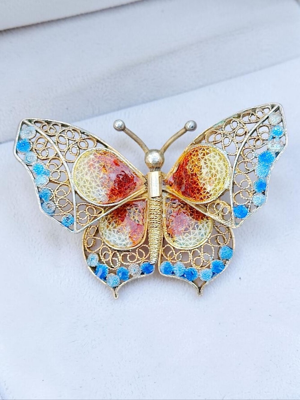 🦋 Vintage 800 Silver Guilloche Enameled Filigree Butterfly Pin